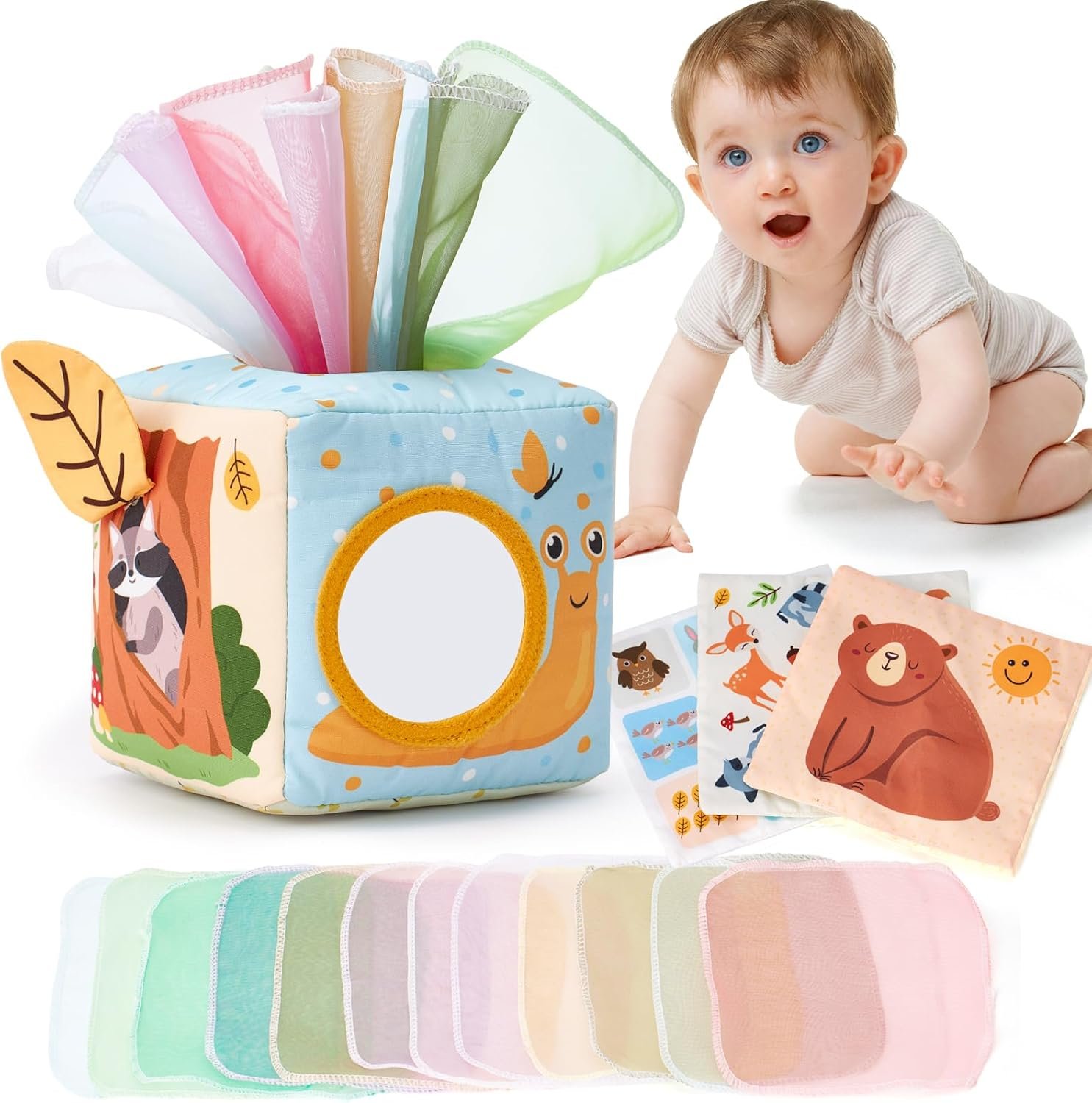 Hahaland Baby Tissue Box Sensory Toy (Pull-Play Scarves, Crinkle & Mirror)