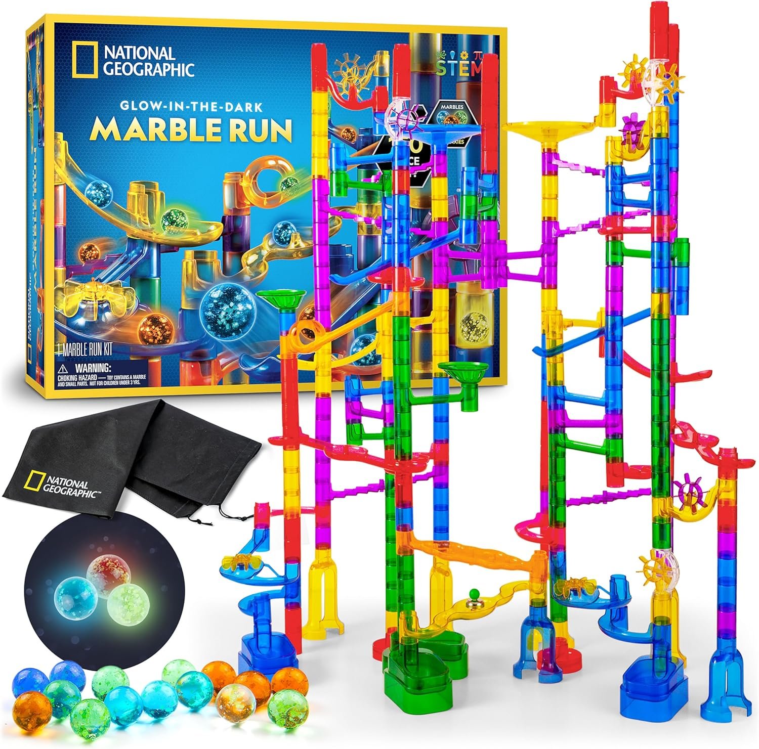 National Geographic Glow-in-the-Dark Marble Run – 150 Pieces with 30 Glass Marbles