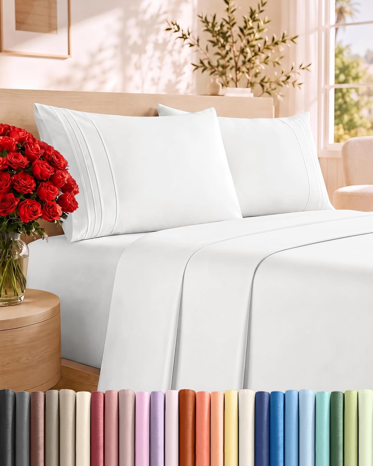 Hotel Luxury 4-Piece Bed Sheet Set - Queen, White (Oeko-Tex)