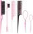 6 Pcs Hair Styling Comb Kit, Teasing Comb Brush Set Includes Fluffy Hair Brush, Double Sided Edge Control Brush, Triple Teasing Comb, Fine Metal Rat Tail Comb for Women Professional Barber (Pink)